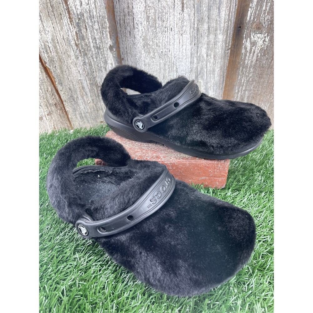 Crocs Classic Fur Sure Slip On Clogs Black Faux Fur Clogs Women's 7